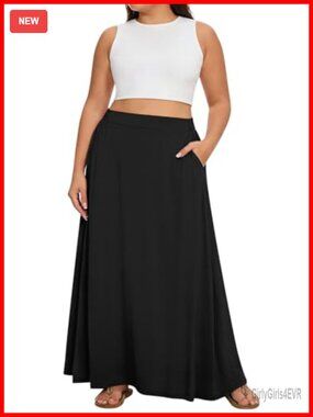 Plus Size Maxi Skirt A-Line Flowy High Waist Long Skirt with Pockets